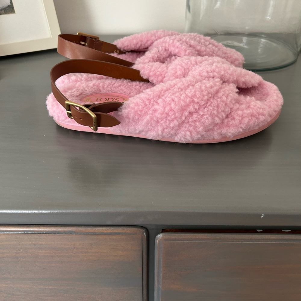 Tod's Pink Fuzzy Sandals with Brown Buckle